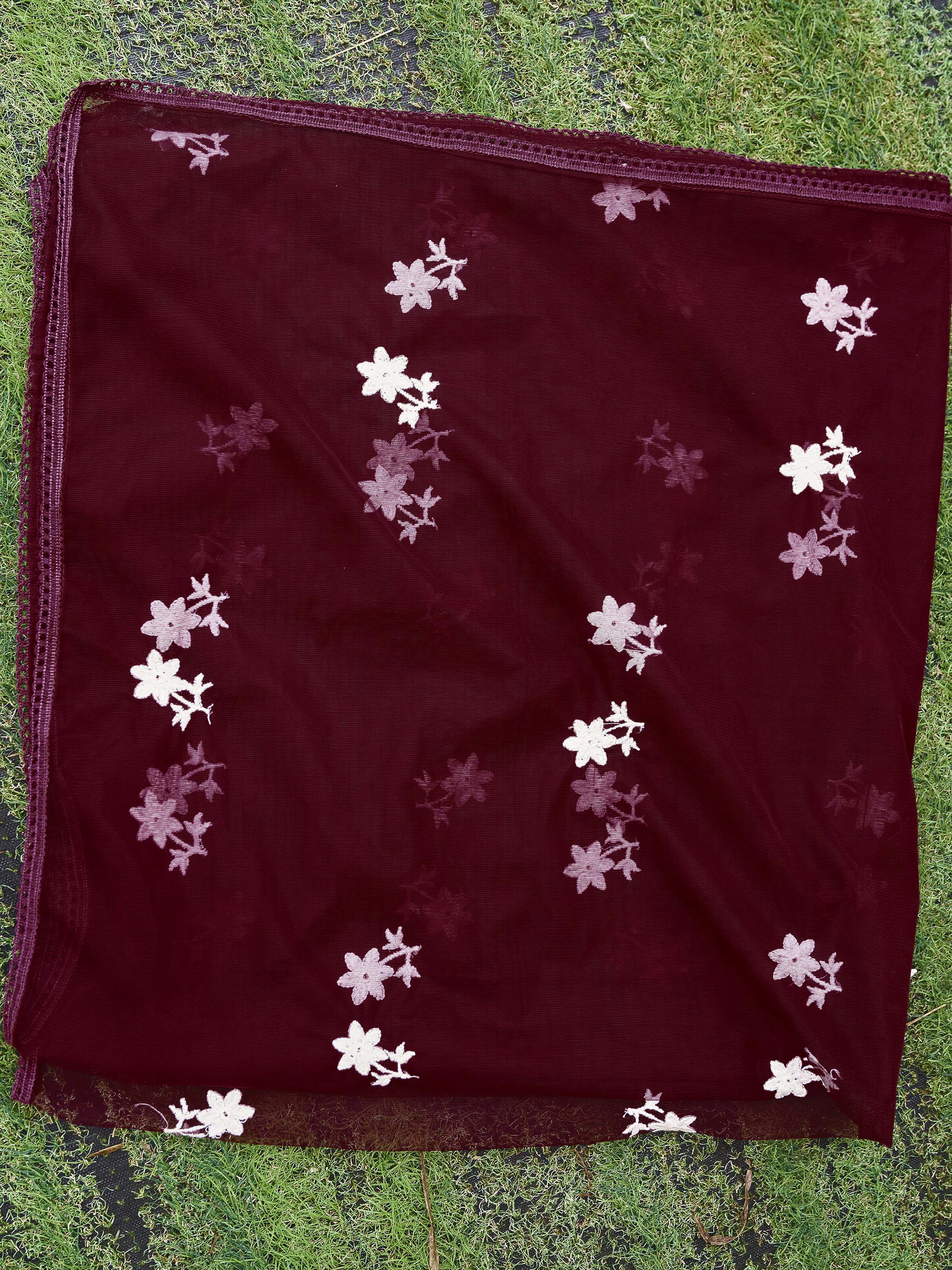 Burgundy color silk blend with off white thread embroidered kurta & trouser with dupatta set